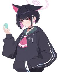 Rule 34 | 1girl, animal ears, black choker, black hair, black hoodie, blue archive, cat ears, choker, collarbone, colored inner hair, commentary request, drawstring, food, green sailor collar, grin, hair ornament, hairclip, halo, hand in pocket, hand up, highres, holding, holding food, hood, hoodie, kazusa (blue archive), long sleeves, looking at viewer, mikai 2035, multicolored hair, neckerchief, pink halo, pink neckerchief, sailor collar, short hair, sideways glance, simple background, smile, solo, upper body, white background