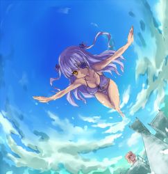 Rule 34 | 00s, 2girls, bad id, bad pixiv id, barasuishou, bikini, breasts, cleavage, diving, eyepatch, hair ornament, hairclip, kirakishou, long hair, multiple girls, onoguru, outstretched arms, pink hair, purple hair, rozen maiden, spread arms, swimsuit, twintails, two side up, yellow eyes