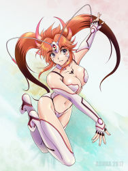Rule 34 | 1girl, 2017, asuka (hengen sennin asuka), bad id, bad pixiv id, boots, breasts, brown hair, character name, cleavage, collarbone, covered erect nipples, elbow gloves, fingerless gloves, full body, gloves, grey eyes, hengen sennin asuka, long hair, medium breasts, parted lips, revealing clothes, shiny skin, sidelocks, smile, solo, tamanegiinyo, thigh boots, thighhighs, twintails, white footwear, white gloves, white thighhighs