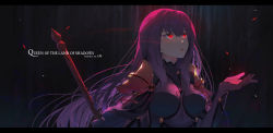 Rule 34 | 1girl, bodysuit, breasts, dark background, elbow gloves, eyebrows hidden by hair, fate/grand order, fate (series), gloves, hair between eyes, highres, holding, holding lance, holding polearm, holding weapon, lance, large breasts, long hair, looking to the side, open mouth, petals, polearm, purple hair, red eyes, scathach (fate), solo, tsukino (nakajimaseiki), underwear, upper body, weapon