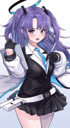 Rule 34 | 1girl, absurdres, andaan (an iota of), black gloves, black skirt, blazer, blue archive, blue necktie, breasts, coat, collared shirt, commentary, dual wielding, gloves, half gloves, halo, highres, holding, holding stylus, holding tablet pc, id card, jacket, large breasts, long hair, long sleeves, looking at viewer, necktie, open clothes, open coat, parted bangs, parted lips, pleated skirt, purple eyes, purple hair, school uniform, shirt, sidelocks, simple background, skirt, solo, stylus, tablet pc, thick thighs, thighs, triangle hair ornament, two side up, white coat, white shirt, yuuka (blue archive)
