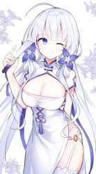 Rule 34 | 1girl, absurdres, ahoge, azur lane, blue eyes, blush, breasts, cleavage, closed mouth, flower, folded fan, folding fan, hair flower, hair ornament, hand fan, highres, holding, holding fan, illustrious (azur lane), illustrious (maiden lily&#039;s radiance) (azur lane), large breasts, looking at viewer, mole, mole under eye, one eye closed, paaru, short sleeves, smile, solo, white hair