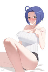 Rule 34 | 1girl, absurdres, ahoge, artist name, bare shoulders, black panties, blue hair, blush, breasts, cleavage, closed mouth, commentary request, hand up, highres, idolmaster, idolmaster million live!, idolmaster million live! theater days, knee up, large breasts, looking at viewer, miura azusa, no pants, panties, pulled by self, red eyes, shirt, short hair, simple background, sitting, solo, strap pull, strap slip, tomid, underwear, white background, white shirt