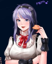 Rule 34 | 10s, 1girl, :d, bad id, bad pixiv id, blcackup, blue eyes, blush, bow, bowtie, breasts, buttons, collar, cookie, cracker, dagashi kashi, dark background, eating, fingernails, flower, food, food on face, hair flower, hair ornament, hair ribbon, hairband, large breasts, looking at viewer, nail polish, neck ribbon, open mouth, puffy short sleeves, puffy sleeves, purple hair, red bow, red bowtie, ribbon, shidare hotaru, shirt, short hair, short sleeves, simple background, smile, solo, suspenders, white shirt, wrist cuffs