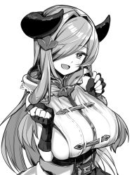 Rule 34 | 1girl, :d, belt, blush, breasts, brll, fingerless gloves, gloves, granblue fantasy, greyscale, hair over one eye, hands up, highres, horns, huge breasts, long hair, looking at viewer, monochrome, narmaya (granblue fantasy), one eye covered, open mouth, simple background, skindentation, smile, solo, upper body, white background