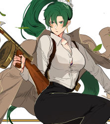 Rule 34 | black pants, blush stickers, breasts, brown coat, cleavage, coat, earrings, fire emblem, fire emblem: the blazing blade, flower, frown, furrowed brow, green eyes, green hair, gun, hair flower, hair ornament, highres, jewelry, lyn (fire emblem), nintendo, ormille, pants, ponytail, shirt, solo, submachine gun, suspenders, thompson submachine gun, weapon, white shirt