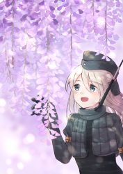 Rule 34 | 1girl, blue eyes, commentary request, cropped jacket, flower, garrison cap, hat, highres, kantai collection, long hair, long sleeves, military, military uniform, open mouth, puffy long sleeves, puffy sleeves, purple background, smile, solo, u-511 (kancolle), u yuz xx, uniform, upper body, wisteria