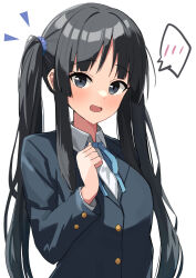 Rule 34 | 1girl, absurdres, akiyama mio, alternate hairstyle, amenocchi, black eyes, black hair, blazer, blue jacket, blue ribbon, blue scrunchie, blush, collared shirt, commentary request, hair ornament, hair scrunchie, highres, jacket, k-on!, long hair, long sleeves, looking at viewer, neck ribbon, open mouth, ribbon, sakuragaoka high school uniform, school uniform, scrunchie, shirt, simple background, solo, tongue, twintails, upper body, white background, white shirt, winter uniform