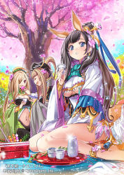 Rule 34 | 3girls, :d, ^ ^, animal ears, anklet, bad id, bad pixiv id, barefoot, black hair, blue eyes, breasts, brown hair, cherry blossoms, cleavage, closed eyes, company name, copyright name, cup, closed eyes, hair ornament, hair stick, hanami, holding, jewelry, long hair, looking at viewer, multiple girls, navel, official art, open mouth, original, petals, popqn, sitting, smile, tenka touitsu chronicle, underboob, wariza, watermark, web address