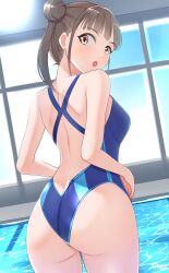 Rule 34 | 1girl, ass, back, back focus, blue one-piece swimsuit, breasts, brown hair, commentary request, cowboy shot, double bun, dutch angle, hair bun, highres, idolmaster, idolmaster shiny colors, indoors, long hair, looking at viewer, looking back, medium breasts, one-piece swimsuit, pool, short twintails, solo, sonoda chiyoko, swimsuit, thames3, twintails