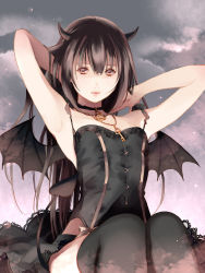 Rule 34 | 1boy, bat wings, black thighhighs, brown eyes, brown hair, choker, fuuchouin kazuki, getbackers, highres, horns, jewelry, male focus, necklace, papillon10, revision, smile, solo, tail, thighhighs, trap, wings
