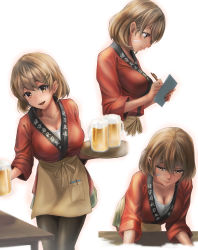 Rule 34 | 1girl, absurdres, alcohol, alternate costume, beer, blush, breasts, brown eyes, brown hair, cleavage, closed mouth, hair between eyes, hair ornament, hairclip, highres, japanese clothes, kantai collection, kimono, kokuzou, large breasts, looking at viewer, multiple views, oboro (kancolle), pen, simple background, table, waiter, white background