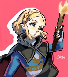 Rule 34 | 1girl, black cape, blonde hair, blouse, blue shirt, braid, calilo, cape, copyright name, crown braid, drop shadow, female focus, fire, flat chest, forehead, french braid, green eyes, hair ornament, hairclip, hand up, head tilt, highres, holding, long sleeves, nintendo, parted lips, pink background, pointy ears, princess zelda, shirt, short hair, simple background, sketch, solo, teeth, the legend of zelda, the legend of zelda: breath of the wild, the legend of zelda: tears of the kingdom, torch, upper body