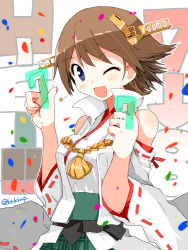 Rule 34 | 1girl, blue eyes, brown hair, commentary request, detached sleeves, flipped hair, gesture, green skirt, hairband, headgear, hiei (kancolle), hiei kai ni (kancolle), japanese clothes, jewelry, kanoe soushi, kantai collection, plaid, popped collar, ribbon-trimmed sleeves, ribbon trim, ring, short hair, skirt, smile, solo, wedding band