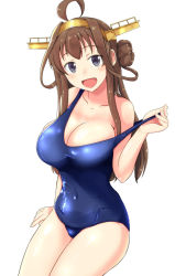 Rule 34 | 10s, 1girl, :d, ahoge, bare shoulders, blush, breasts, brown hair, cleavage, covered navel, double bun, hairband, headband, headgear, kantai collection, kongou (kancolle), large breasts, long hair, looking at viewer, one-piece swimsuit, open mouth, purple eyes, shigure ryuunosuke, sitting, smile, solo, swimsuit, undressing, white background