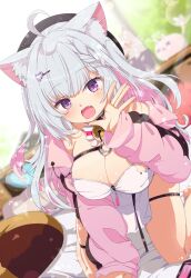 Rule 34 | 1girl, absurdres, animal ears, bell, breasts, cat ears, cat girl, commission, dakimakura (object), highres, jacket, large breasts, neck bell, open mouth, original, pillow, pink jacket, purple eyes, shiro9jira, skeb commission, white hair