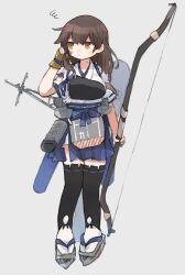 Rule 34 | 1girl, alternate hairstyle, black thighhighs, blue hakama, bow (weapon), breasts, brown hair, dirty, dirty face, full body, gloves, grey background, hair down, hakama, hakama skirt, highres, holding, holding bow (weapon), holding weapon, ina (1813576), japanese clothes, kaga (kancolle), kantai collection, medium breasts, muneate, partially fingerless gloves, partly fingerless gloves, simple background, single glove, skirt, solo, squiggle, thighhighs, torn clothes, weapon, yugake