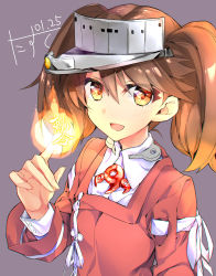 Rule 34 | 1girl, absurdres, blush, brown hair, dated, fire, hair between eyes, hair ornament, highres, japanese clothes, kantai collection, long hair, looking at viewer, magatama, narumiya (empty cafe), onmyouji, open mouth, purple background, ryuujou (kancolle), shikigami, solo, twintails, visor cap