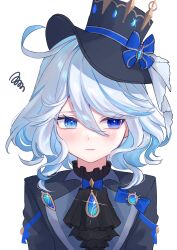 Rule 34 | 1girl, ahoge, aqua hair, ascot, blue eyes, commentary request, drop-shaped pupils, frown, furina (genshin impact), genshin impact, hair between eyes, hat, highres, long hair, long sleeves, looking at viewer, looking to the side, low twintails, mismatched pupils, mochi mochi052, multicolored hair, sidelocks, simple background, solo, squiggle, streaked hair, symbol-shaped pupils, top hat, twintails, two-tone hair, upper body, wavy hair, white background