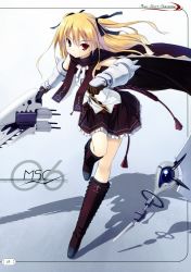 Rule 34 | 1girl, absurdres, blonde hair, boots, cape, chainsaw, frown, gauntlets, gloves, hair ribbon, highres, knee boots, legs, long hair, miniskirt, original, poco (asahi age), red eyes, ribbon, running, skirt, solo, twintails