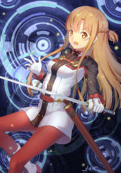 Rule 34 | 1girl, artist name, asuna (sao), blush, braid, breasts, brown eyes, brown hair, fang, highres, holding, holding sword, holding weapon, long hair, looking at viewer, medium breasts, open mouth, pantyhose, red pantyhose, sheath, solo, sword, sword art online, sword art online the movie: ordinal scale, weapon, yeh (354162698)