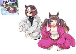 Rule 34 | 2girls, absurdres, animal ears, belt, black shirt, bow, breasts, brown hair, chest sarashi, cleavage, coat, ear bow, flats, frown, green eyes, highres, horse ears, long hair, long sleeves, looking at viewer, m/, multicolored hair, multiple girls, navel, one eye closed, open clothes, open coat, open mouth, pants, pink coat, pink pants, purple eyes, red-tinted eyewear, reference inset, sarashi, shirt, short hair, small breasts, special week (umamusume), squatting, sunglasses, tinted eyewear, tosen jordan (umamusume), twintails, two-tone hair, umamusume, umayuru, utsuke (u tuk e), v-shaped eyebrows, white background, white coat, white pants