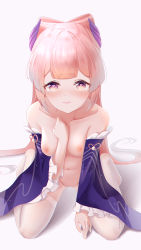 Rule 34 | 1girl, absurdres, bad id, bad pixiv id, bare shoulders, blunt bangs, blush, breasts, collarbone, frilled sleeves, frills, genshin impact, hair ornament, hand on own chest, heart, heart-shaped pupils, highres, kneeling, long hair, looking at viewer, navel, nipples, pink hair, purple eyes, pussy juice, sangonomiya kokomi, short eyebrows, small breasts, smile, solo, stomach, symbol-shaped pupils, thighhighs, very long hair, white thighhighs, wide sleeves