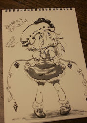Rule 34 | 10s, 1girl, 2011, ascot, beige background, bloomers, crystal, dated, demon wings, flandre scarlet, full body, hat, karaagetarou, loafers, looking to the side, mob cap, monochrome, paper, photo (medium), puffy short sleeves, puffy sleeves, ribbon-trimmed clothes, ribbon trim, shirt, shoes, short sleeves, signature, simple background, sketch, skirt, socks, standing, touhou, traditional media, underwear, vest, wings