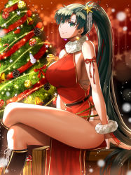 Rule 34 | 1girl, alternate costume, arm ribbon, bell, black footwear, blurry, box, breasts, christmas, christmas ornaments, commentary, crossed legs, delsaber, dress, earrings, female focus, fire emblem, fire emblem: the blazing blade, fur-trimmed collar, fur trim, gem, gift, gift box, green hair, hair between eyes, hair ornament, highres, indoors, jewelry, large breasts, long hair, looking to the side, lyn (fire emblem), matching hair/eyes, nintendo, no panties, ponytail, red dress, red ribbon, ribbon, santa costume, sitting, smile, snow, snowman, solo, star (symbol), thighs, very long hair