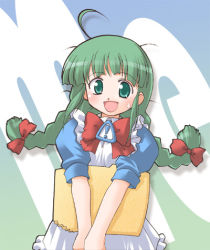 Rule 34 | !, 1girl, :d, ahoge, blue background, blush, bow, braid, character name, frills, gradient background, green background, green eyes, green hair, hair ribbon, happy, long hair, lowres, matching hair/eyes, me-tan, open mouth, os-tan, puffy sleeves, ribbon, skirt, smile, solo, sweat, tress ribbon, twin braids, twintails, v arms, white skirt