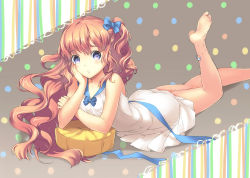 Rule 34 | 1girl, anklet, bad id, bad pixiv id, barefoot, blue eyes, bow, curly hair, dress, feet, hair bow, hand on own face, jewelry, legs up, long hair, looking at viewer, lying, on stomach, orange hair, original, pillow, side ponytail, sleeveless, sleeveless dress, soles, solo, the pose, toes, unya (unya-unya), wavy hair