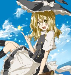 Rule 34 | 1girl, :d, bad id, bad pixiv id, blonde hair, broom, broom riding, cloud, day, female focus, hat, kame, kirisame marisa, lowres, open mouth, sky, smile, solo, star (symbol), touhou, witch, witch hat, yellow eyes