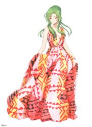 Rule 34 | 1girl, absurdres, alternate costume, braid, breasts, cleavage, dress, earrings, elincia ridell crimea, fire emblem, fire emblem: path of radiance, fire emblem: radiant dawn, full body, green hair, highres, hoop earrings, jewelry, long hair, looking down, medium breasts, niboshi514, nintendo, open mouth, orange eyes, ponytail, simple background, sleeveless, smile, solo, standing, white background