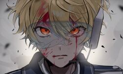 Rule 34 | 1boy, blonde hair, blood, blood on face, closed mouth, goggles, headset, highres, looking at viewer, male focus, orange eyes, portrait, project sekai, rubble, serious, solo, tenma tsukasa, usamori, v-shaped eyebrows