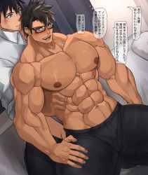 Rule 34 | 2boys, abs, bara, bed, bellsaltr, biceps, black eyes, black hair, blush, collared shirt, couple, curtains, fang, glasses, hand on thigh, highres, large pectorals, male focus, manly, mature male, multiple boys, muscular, muscular male, navel, navel hair, nipples, on bed, open mouth, original, pants, pectorals, pillow, shirt, sitting, sitting on lap, sitting on person, smile, speech bubble, spiked hair, spread legs, sweat, sweatdrop, text focus, thick arms, thick eyebrows, thick thighs, thighs, tight clothes, topless male, yaoi
