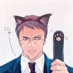 Rule 34 | 1boy, animal ears, animal hands, cat boy, cat ears, cat paw, cat paws, formal, glasses, male focus, solo, suit, what