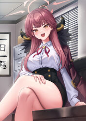 Rule 34 | 1girl, aru (blue archive), bare legs, black skirt, blue archive, breasts, collared shirt, crossed legs, demon horns, halo, highres, horns, indoors, jacket, jacket on shoulders, large breasts, long hair, looking at viewer, neck ribbon, office, open mouth, pencil skirt, red hair, red jacket, ribbon, shirt, shirt tucked in, sitting, skirt, solo, subob (subobdesu), thighs, v-shaped eyebrows, white shirt, window, window blinds, yellow eyes