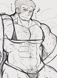 Rule 34 | 1boy, abs, bara, blush, chest hair, cowboy shot, cross scar, crossdressing, embarrassed, facial hair, goatee stubble, greyscale, hairy, highres, houzouin oniwaka, igarashi (igarashi ta), large pectorals, looking ahead, male focus, medium sideburns, micro bra, monochrome, muscular, muscular male, navel, navel hair, off shoulder, panties, pectorals, penis, penis peek, scar, scar on face, scar on forehead, short hair, solo, sparse chest hair, sparse navel hair, steaming body, stomach, strongman waist, stubble, sweat, thick eyebrows, thick thighs, thighs, tokyo houkago summoners, underpec, underwear, undressing, v-shaped eyebrows, very sweaty