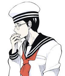Rule 34 | 1boy, ace attorney, black hair, covering own mouth, glasses, hand over own mouth, hat, long sleeves, looking at viewer, male focus, minashirazu, neckerchief, profile, red neckerchief, sailor collar, satoru hosonaga, school uniform, serafuku, shirt, short hair, simple background, solo, the great ace attorney, uniform, upper body, white background, white shirt