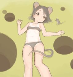 Rule 34 | 1girl, :&lt;, animal ears, bad drawr id, bad id, bra, brown eyes, brown hair, fur, lying, mimizubare, mouse (animal), mouse ears, mouse tail, one-piece tan, original, panties, short hair, solo, strapless, strapless bra, tail, tan, tanline, underwear, underwear only