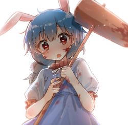 Rule 34 | 1girl, ahoge, ambiguous red liquid, animal ears, bad id, bad pixiv id, blood, blood on clothes, blood on face, blood on hands, bloody weapon, blue dress, blue hair, blurry, blush, bow, bowtie, braid, depth of field, dress, hammer, heart, heart-shaped pupils, kine, legacy of lunatic kingdom, looking at viewer, mallet, multi-tied hair, open mouth, puffy sleeves, rabbit ears, red eyes, seiran (touhou), shnva, short sleeves, simple background, single braid, solo, symbol-shaped pupils, touhou, weapon, white background