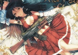 Rule 34 | 1girl, ak-47, akm, ammunition pouch, armpits, assault rifle, bayonet, bow, breasts, breasts apart, brown hair, cleavage, collarbone, covered erect nipples, detached sleeves, explosive, grenade, gun, gun sling, hair bow, hair tubes, hakurei reimu, kalashnikov rifle, knife, large breasts, load bearing vest, long hair, lying, midriff, no bra, on back, open clothes, open mouth, panties, pantyshot, pouch, ribbon, rifle, shell casing, siqi (miharuu), skirt, solo, striped clothes, striped panties, touhou, underwear, upskirt, weapon, yellow eyes