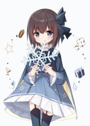 Rule 34 | 1girl, acorn, bell, black bow, black cape, black thighhighs, blue shirt, blue skirt, blush, bow, box, brown hair, cape, closed mouth, garter straps, gift, gift box, grey background, hair between eyes, hair bow, holding, long sleeves, looking at viewer, original, pleated skirt, purple eyes, sailor collar, shirt, simple background, skirt, snowflakes, solo, standing, star (symbol), thighhighs, white sailor collar, wide sleeves, yuuhagi (amaretto-no-natsu)