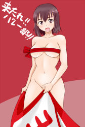 Rule 34 | 10s, 1girl, breasts, brown eyes, brown hair, censored, cleavage, collarbone, convenient censoring, covering privates, covering crotch, cowboy shot, girls und panzer, kondou taeko, large breasts, looking at viewer, navel, open mouth, ribbon, simple background, solo, standing, stomach, tanaka rikimaru, translation request