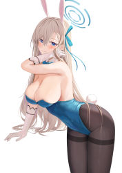 Rule 34 | 1girl, animal ears, asuna (blue archive), blonde hair, blue archive, blue eyes, blue leotard, blue ribbon, blush, breasts, cleavage, closed mouth, commentary request, covered navel, crossed bangs, fake animal ears, fake tail, gloves, hair between eyes, hair ribbon, halo, hand in own hair, highres, large breasts, leaning forward, leotard, long hair, looking at viewer, official alternate costume, paid reward available, pantyhose, playboy bunny, rabbit ears, rabbit tail, revision, ribbon, ru zhai, sideboob, simple background, smile, solo, tail, thighband pantyhose, very long hair, white background, white gloves