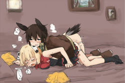 Rule 34 | 1futa, 1girl, animal ears, bed, blonde hair, blue eyes, blush, brown hair, cheerleader, chikiso, closed eyes, clothed sex, doggystyle, dominica s. gentile, futa with female, futanari, head wings, implied futanari, jacket, jane t. godfrey, necktie, open mouth, sex, sex from behind, skirt, strike witches, strike witches: kurenai no majo-tachi, tail, text focus, wings, world witches series