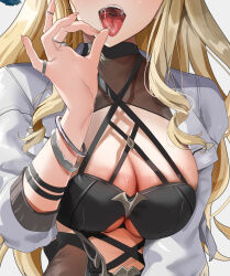Rule 34 | 1girl, anzu0130, armlet, backless dress, backless outfit, blonde hair, breasts, close-up, clothing cutout, dress, drill hair, fellatio gesture, fingernails, half-skirt, highres, honkai (series), honkai impact 3rd, jacket, jewelry, long hair, long sleeves, looking at viewer, medium breasts, navel, open clothes, open mouth, ring, solo, songque (honkai impact), strap, teeth, tongue, tongue out, white background, white jacket, white sleeves