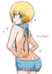 Rule 34 | 1boy, ass, ass focus, back, backless dress, backless outfit, bare back, blonde hair, blue eyes, blue sweater, butt crack, character name, cuilan, dress, halterneck, looking back, male focus, meme attire, naked sweater, open mouth, senkou no ronde, simple background, sleeveless, sleeveless turtleneck, solo, sweater, sweater dress, trap, turtleneck, turtleneck sweater, virgin killer sweater, white background