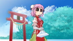 Rule 34 | 1girl, bag, bandaged arm, bandages, black sclera, blue sky, bun cover, chamaji, chinese clothes, cloud, colored sclera, commentary request, double bun, flower, highres, holding, holding bag, ibaraki kasen, looking to the side, outdoors, pink eyes, pink flower, pink hair, pink rose, pointy ears, puffy short sleeves, puffy sleeves, rope, rose, shide, shimenawa, short hair, short sleeves, sky, solo, tabard, torii, touhou, tree