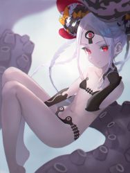 Rule 34 | 1girl, abigail williams (fate), abigail williams (swimsuit foreigner) (fate), abigail williams (swimsuit foreigner) (first ascension) (fate), backlighting, bare shoulders, bikini, black bikini, black bow, blush, bow, breasts, closed mouth, collarbone, colored skin, double bun, fate/grand order, fate (series), forehead, hair bun, highres, keyhole, legs, long hair, looking at viewer, multiple bows, navel, orange bow, otsukemono, parted bangs, polka dot, polka dot bow, red eyes, small breasts, smile, swimsuit, tentacles, third eye, very long hair, white hair, white skin